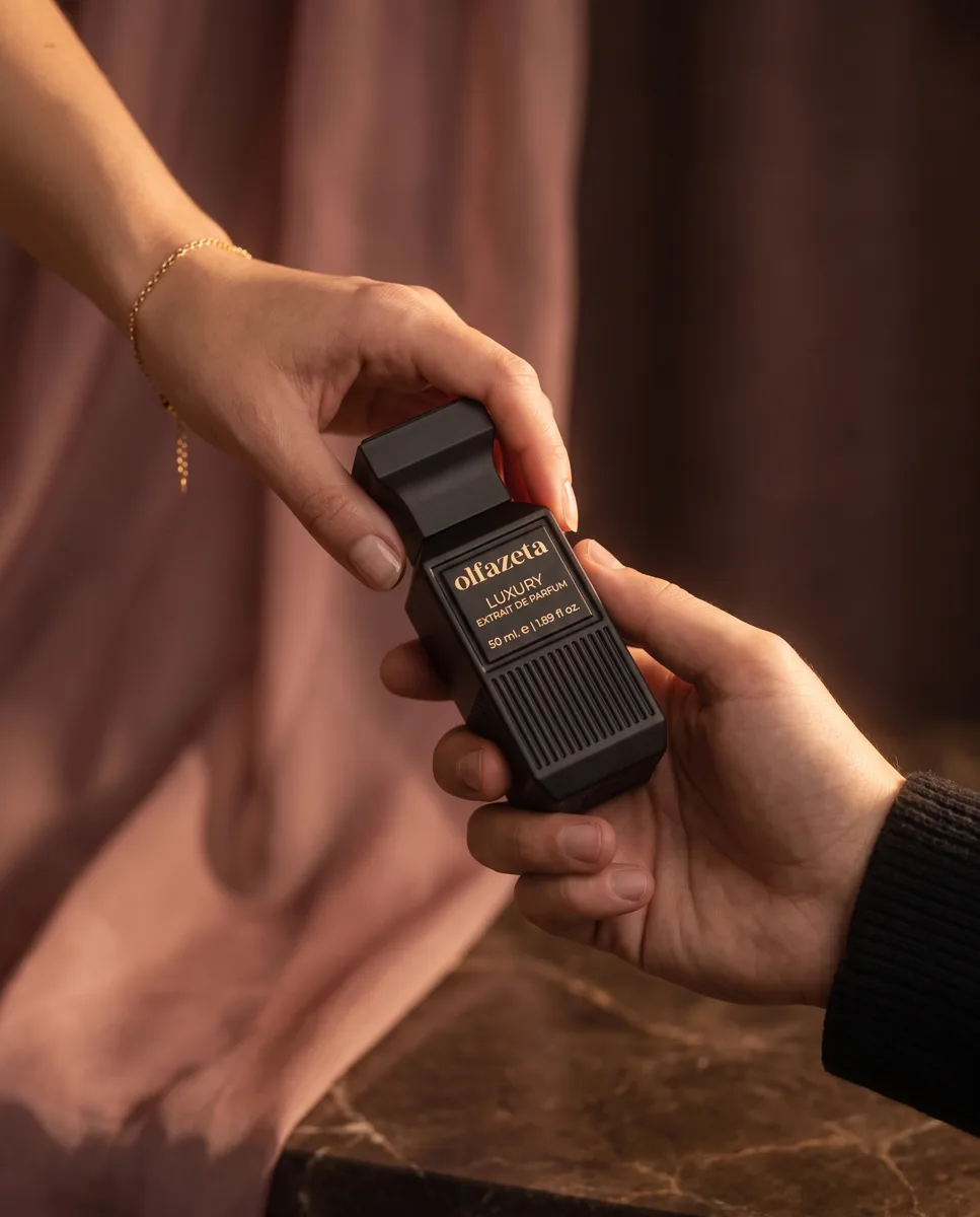 Frauenhand reicht einem Mann den schwarzen Extrait-de-Parfum-Flakon
