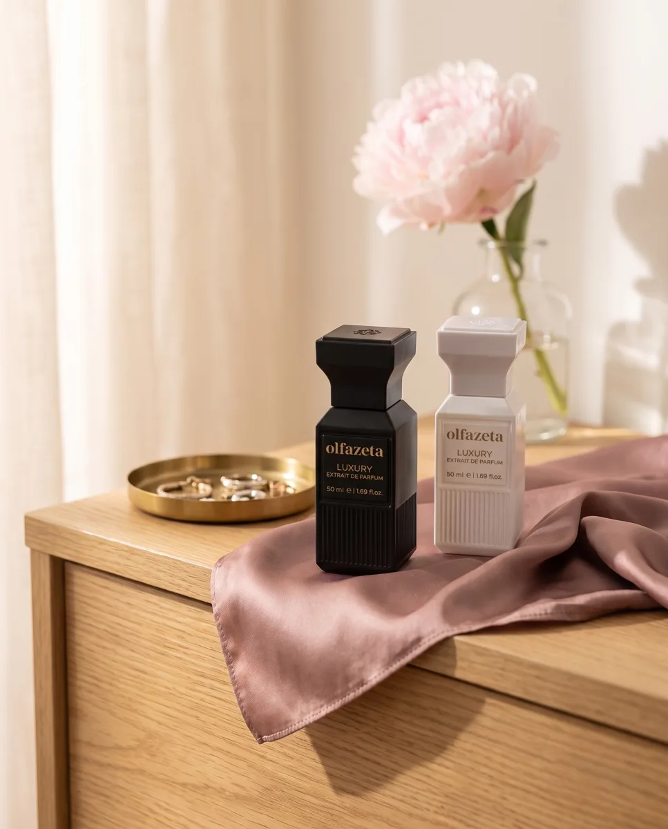 Zwei Extrait-de-Parfum-Flakons auf Seidentuch mit Pfingstrose